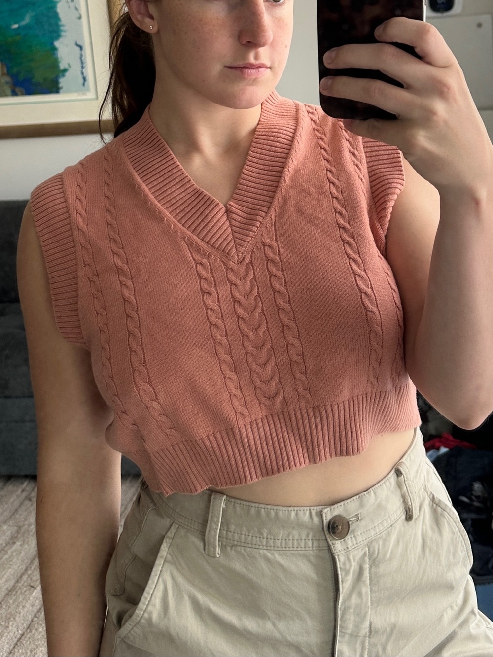 Sunday Best Cable-Knit V-Neck Crop Top in Dusty Pink